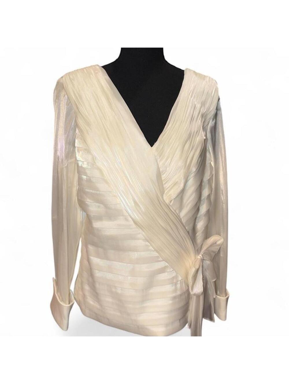 Vtg Victor Costa Iridescent Ivory White Pleated Wrap Evening Blouse Top size 14